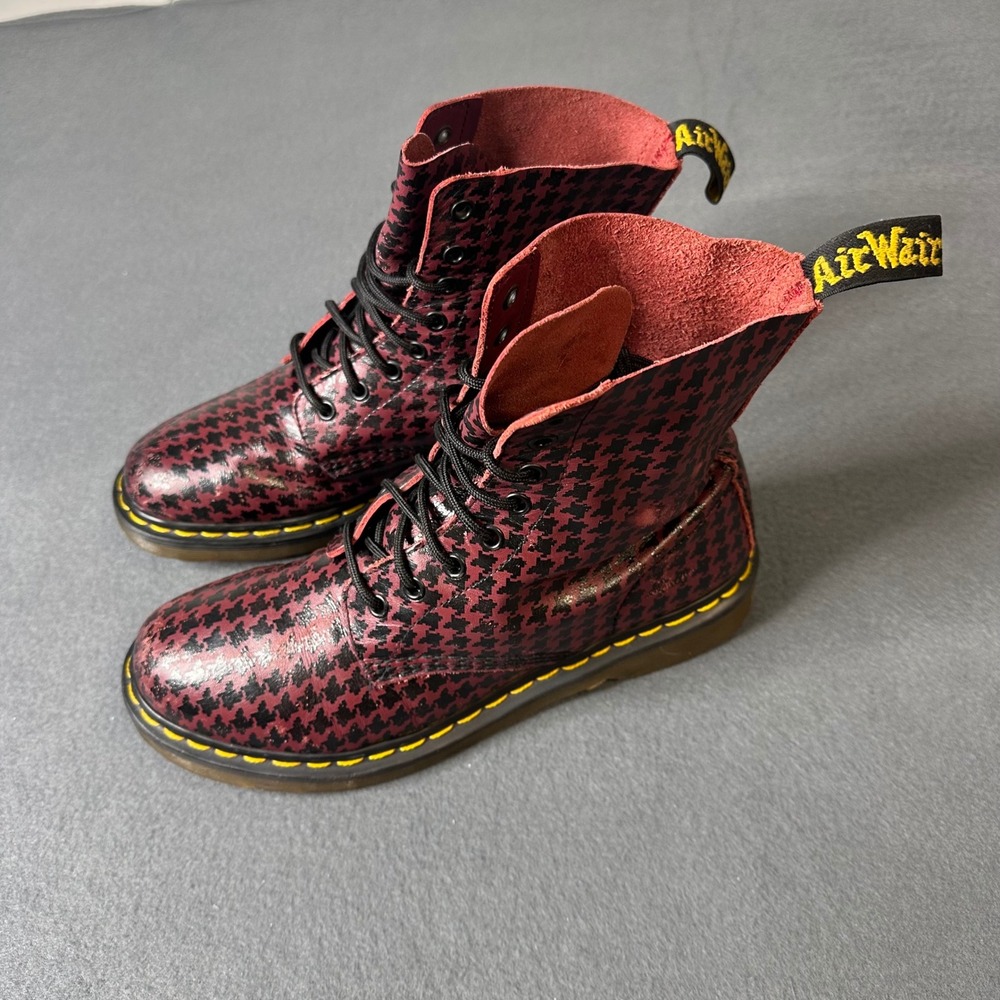 Dr. Martens 1460 Pascal Boots Burgundy Black Houndstooth Leather Womens size 10 - Picture 2 of 9